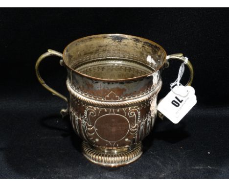         A Circular Based Sheffield Plate Loving Cup, With Inscription, "To Rowland Jones Defender Of The Dulas, The Surveyor 
