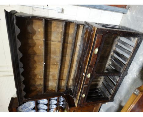 An Early 18th Century Mid Wales Fruitwood Dresser Having A Three Shelf Rack With Shaped Frieze &amp; Rough Sawn Backboards, T