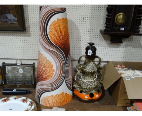         A West German Pottery Circular Based Table Lamp With Abstract Shade             