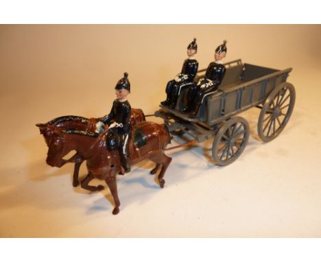 Britains set 145, Royal Army Service Corps Supply Wagon with two seated men (VG, some scratching of horse flanks at trace hol