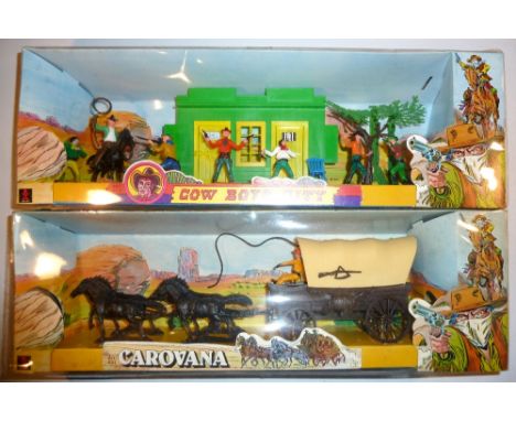 Dulcop Cowboy City and Prairie Schooner in original boxes (M), with Knights, Prairie Schooners, Wild West etc. by Leyla, Jean
