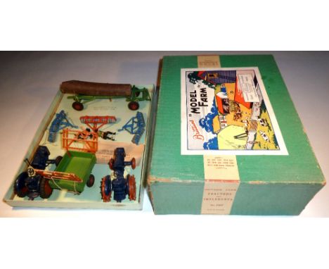  * Britains RARE set 134F, Tractors and Implements in original Model Farm box (M, two log retaining pins missing, box lid wor