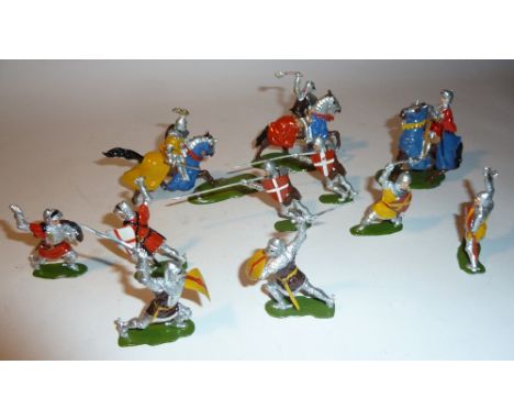  * Britains Knights of Agincourt three mounted (VG-G, two damaged) and two sets 9192 (VG, two axe heads missing) 1966 (11)