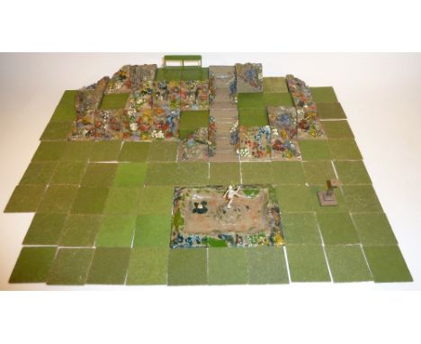 Britains Miniature Gardening Rockery with Pond, Nymph, Lily, sundial, park bench, forty-nine cork lawn pieces with remains of