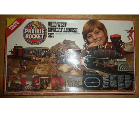Timpo Wild West Prairie Rocket Cavalry Ambush set in original box, Engine, Tender, Flatbed wagon, Coach and Caboose, track, R