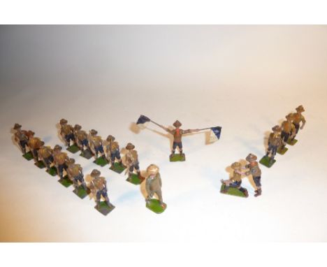 Britains Boy Scouts four marching, straight arm with poles, four marching, bent arm with poles, two patrol leaders, Scoutmast