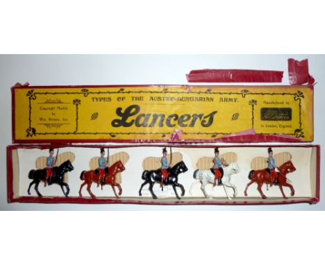 Britains set 175, Austrian Lancers SECOND VERSION, undated, with officer and trumpeter in original printers decorated box (VG