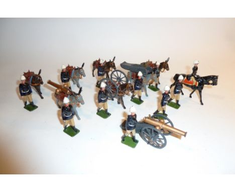  * Britains, two sets 28, Mountain Artillery with a SECOND VERSION mounted officer (VG, one officer, ammunition, one mule, on