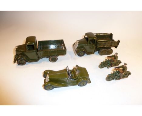 Britains repainted Army Vehicles Army Staff Car with driver and passenger, two dispatch riders, round nose four wheel Army Lo