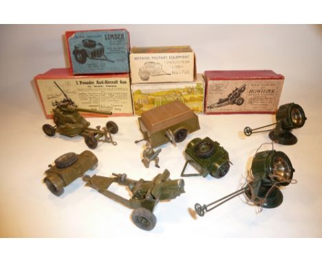 Britains set 2041, Army Clockwork Unit two 1726 Limbers, 1725 4,5inch Howitzer, 1717 2pdr AA Gun on chassis in original boxes