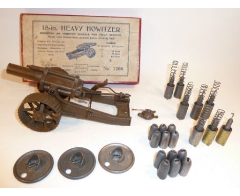 Britains set 1266, 18inch Howitzer on Tractor Wheels khaki finish, with twelve shells, three loading plates and eight shellca