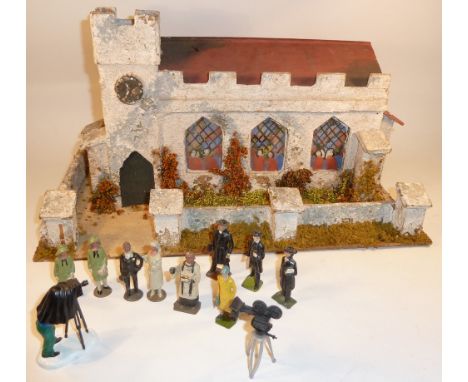 Church with Hill Wedding Party a characterful and nicely made wood and card church, vicar, bride, groom, two bridesmaids, Bri