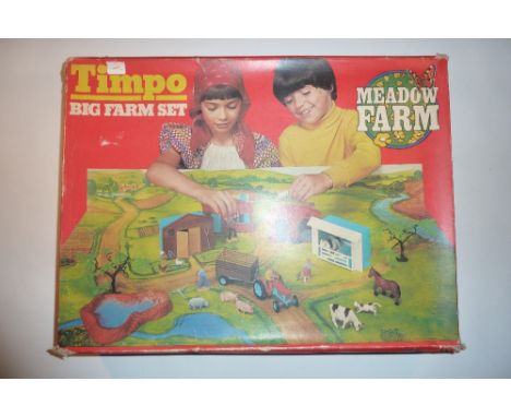 Timpo Big Farm Set 'Meadow Farm' Barn, Cowshed, Stable, Cottage, Pigsty, Tractor and Trailer, People, Animals, Pond, two Tree
