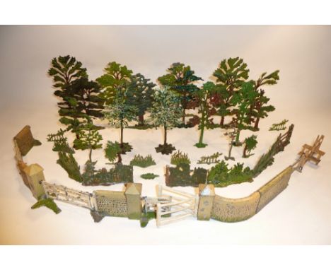 Britains Flint Stone Wall eight pieces with repainted tryst gate, gate and stile, five hedges with stile, two New Metal Trees