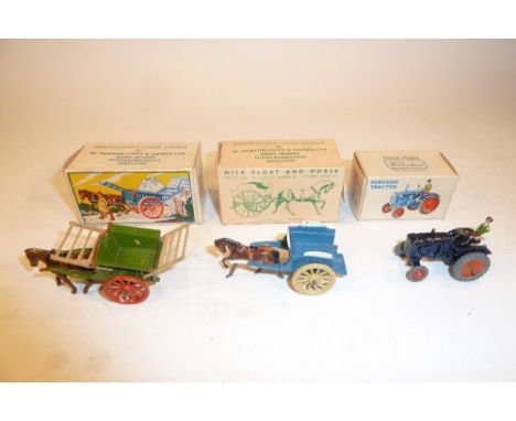 Britains Lilliput Farm Vehicles LV/604, Fordson Tractor with driver, LV/605 Milk Float and LV/606 Tumbrel Cart in original bo