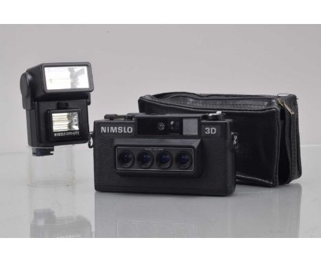 A Nimslo 3D Camera, untested, missing battery cover, body G-VG, elements G-VG, with a Nimslo Optii-Lite flash unit, working o