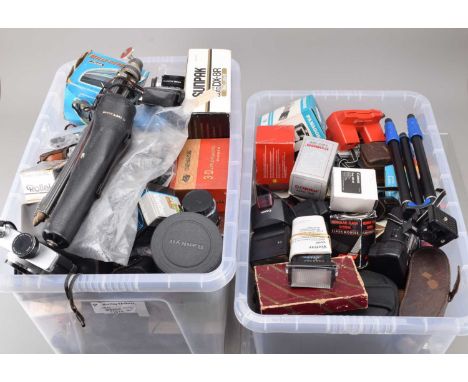 Two Boxes of Camera Related Items, including flash units, filters, tripods, light meters, tubes, caps, hoods and other items