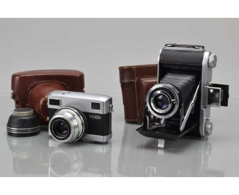 An Ensign Selfix 820 Folding Camera, shutter working, body G, bellows G, with 105mm f/4.5 Ensar lens, elements G-VG, in ERC, 