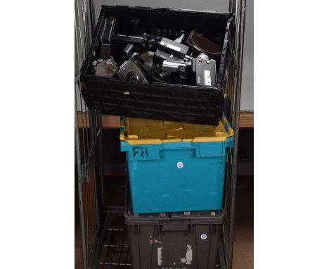 Three Crates of 8mm & Super Eight Cine Cameras, manufacturers include Eumig, Bell & Howell, Sankyo, Kodak, Gaf, Chinon, Ilfor