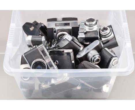 A Box of Viewfinder Cameras, manufacturers include Kodak, Halina, Balda, Bencini, Agfa, Paxina and other examples, all G