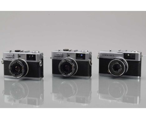 Three Olympus Compact Cameras,  two Olympus 35 RC, one shutter working, meter responsive, self timer working, other shutter o