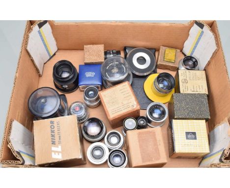 A Tray of Enlarging Lenses, including an El-Nikkor 50mm f/2.8 lens, Minolta 50mm f/2.8 lens, Kowa 65mm f/3.5 lens, all in kee