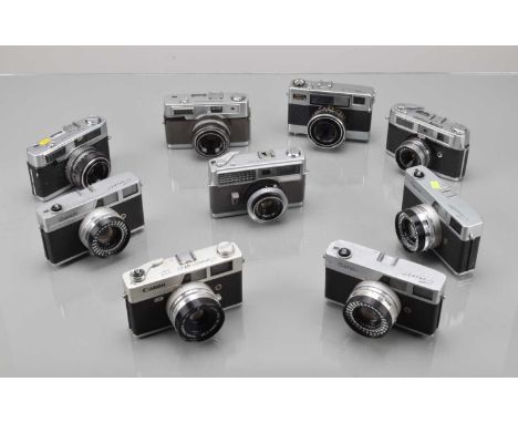 A Tray of Rangefinder Camaras, three Canon Canonet, shutters not working, F, Canonet QL-25, shutter working, meter untested, 