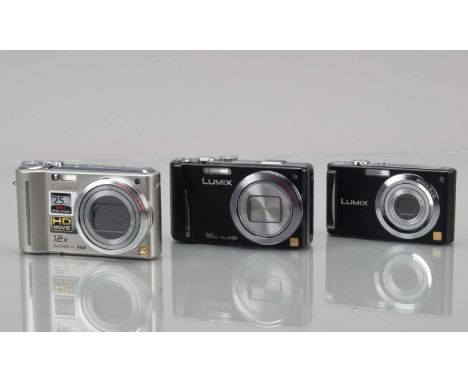 Three Panasonic Lumix Digital Cameras, a Panasonic Lumix DMC-T27, silver, shutter working, flash working, display working, bo