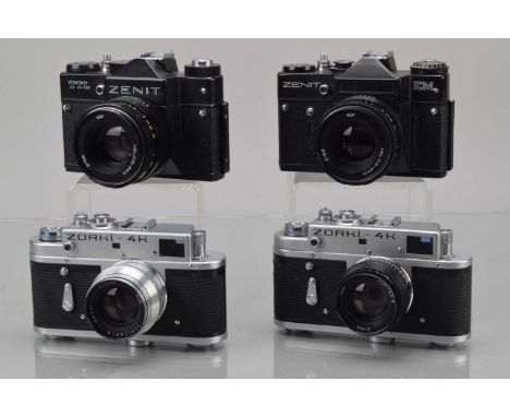 A Group of Soviet Cameras,  two Zorki 4K, shutters working, self timers working, rangefinders working, bodies G-VG, with Jupi