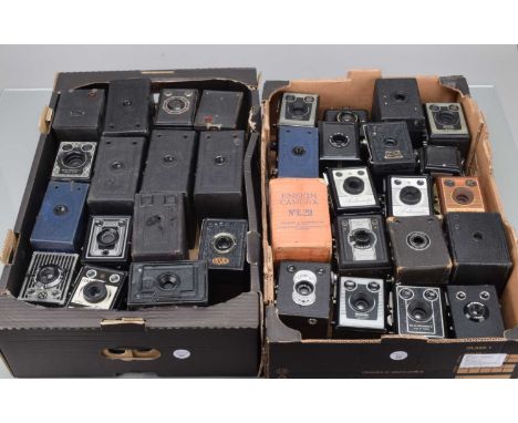 Two Trays of Box Cameras, manufacturers include Kodak, Ensign, Coronet, Conway and other examples, overall G