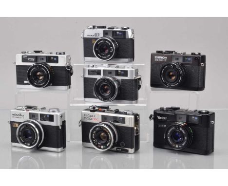 A Tray of Compact Cameras, a Vivitar 35EE, Ricoh 500 GX, Minolta H--Matic F, Chinon 35 EE & 35 EE-II, shutter working, Fujica