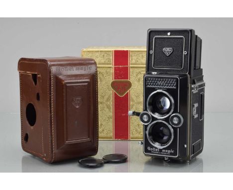 A Rollei Magic II TLR Camera, shutter not working, shutter fires, stays closed, light cell responsive, body VG, with Schneide
