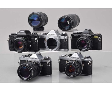 Five Pentax SLR Cameras, a Pentax Super A, LCD display working, advance lever jammed, body VG, with SMC 50mm f/2 lens, VG, MV