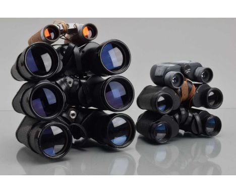 Seven Pairs of Binoculars, a Pair of Hilka 10 x50, Boots Pacer 10 x 50, Tohyoh 20 x 50, Ranger 8 x 30, Russian 8 x30, Olympus