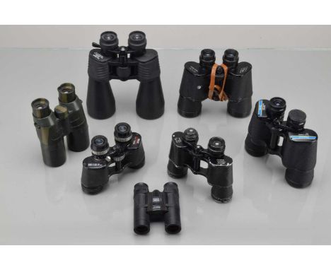 A Group of Binoculars, a pair of Ajax 10 x 50, Tasco 10 x 50, unbranded 1x-30 x 60, Omega 15 x 35, unbranded 10 x 40, Prinzlu