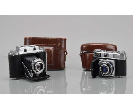 Two Folding Cameras, an Ensign  selfix 12-20, shutter working, rangefinder working, body G, bellows G, with Ross Xpress 75mm 