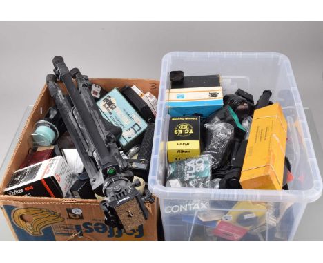 Two Boxes of Camera Related Items, including, filters, light meters, lenses, teleconverters, tubes, caps, hoods, flash units 