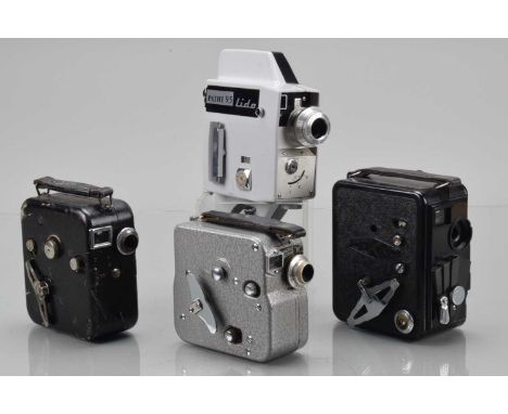 Four 9.5mm Cine Cameras,  A Pathe Scope H, motor runs, Pathe 9.5 Lido, shutter button jammed in, Dekko and a Baby Pathe, both