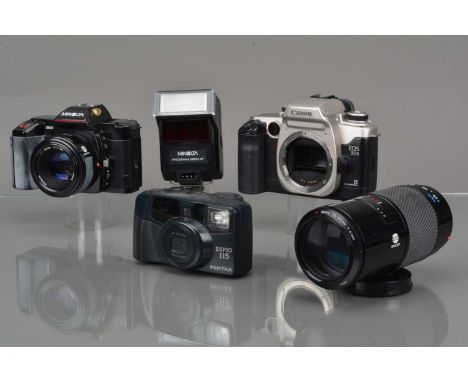 Three 35mm Cameras, a Minolta 5000 AF, shutter working, camera appears to function as should, body G, some fading to grip, wi