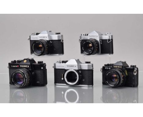 Five Yashica SLR Cameras, a Yashica Reflex 35, shutter working, FX-3, shutter not working (AF), TL Electro X, shutter working
