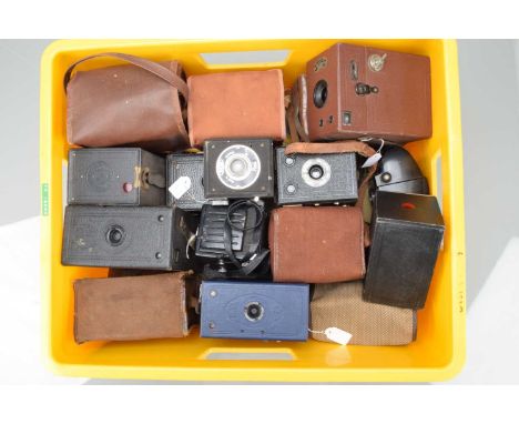A Box of Box Cameras,  manufactures include, Kodak, Zeis Ikon, Ensign, Coronet, Gnome and other examples, F-G