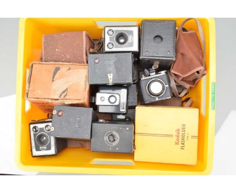 A Box of Box Cameras,  manufactures include, Kodak, Zeis Ikon, Ensign, Coronet, Conway and other examples, F-G