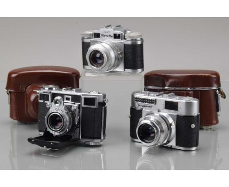 Three 35mm Cameras, a Voigtländer BL, light cell responsive, G-VG, Zeiss Ikon Contessa light cell responsive, G-VG and a Brau