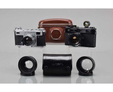 Two Rangefinder Cameras, a Kiev 4A, type 2, black, shutter working, self timer working, rangefinder working, body-G, , with J