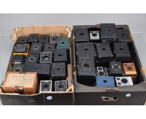 Two Trays of Box Cameras, Kodak & Ensign models and some other examples, overall G