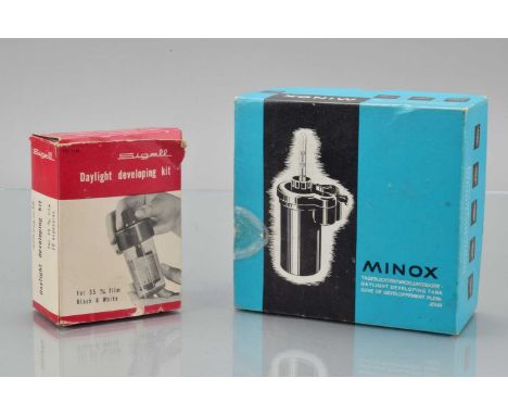 Two Daylight Developing Tanks, a Minox tank, in maker's box and a Sigell 35mm developing kit, in worn maker's box