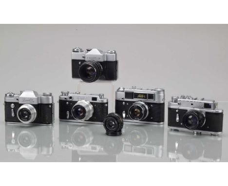 A Group of Soviet Cameras,  a FED 2, FED 4, both with FED 52mm f/2.8 lenses, shutters working, self timers working, G, Zorki 