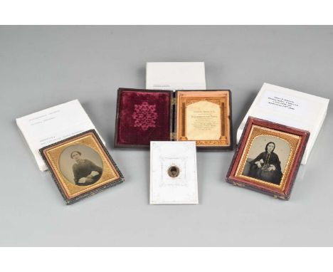 Three Mid 19th Century Photographs, a tintype button photo of woman in hat, an Ambrotype of woman sitting, in bottom half of 