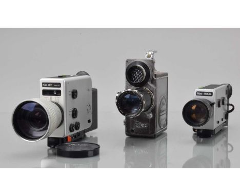 Three Nizo Cine Cameras, a Nizo 148 XL, 801 Macro, untested, AF and a Heliomatic 8, motor runs, light cell unresponsive, body
