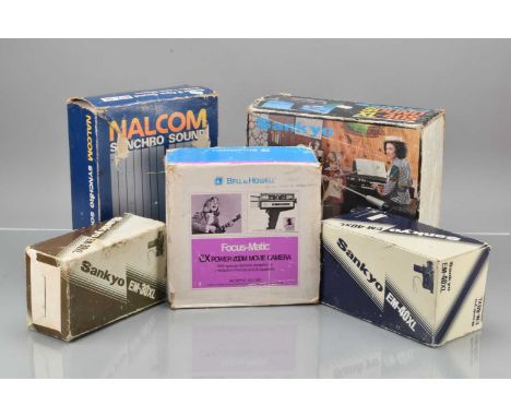 A Group of Boxed Cine Cameras, a Sankyo Sound XL-40S, EM 40XL, EM 30 XL, Nalcom 612 SL, and a Bell & Howell Autoload 1216, al